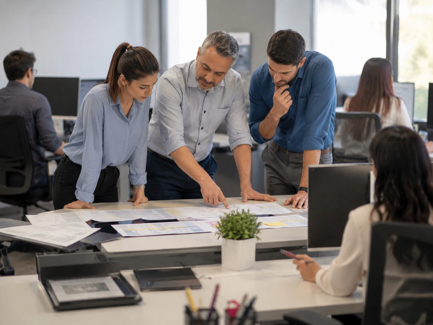 Equipo de oficina analizando el flujo de trabajo