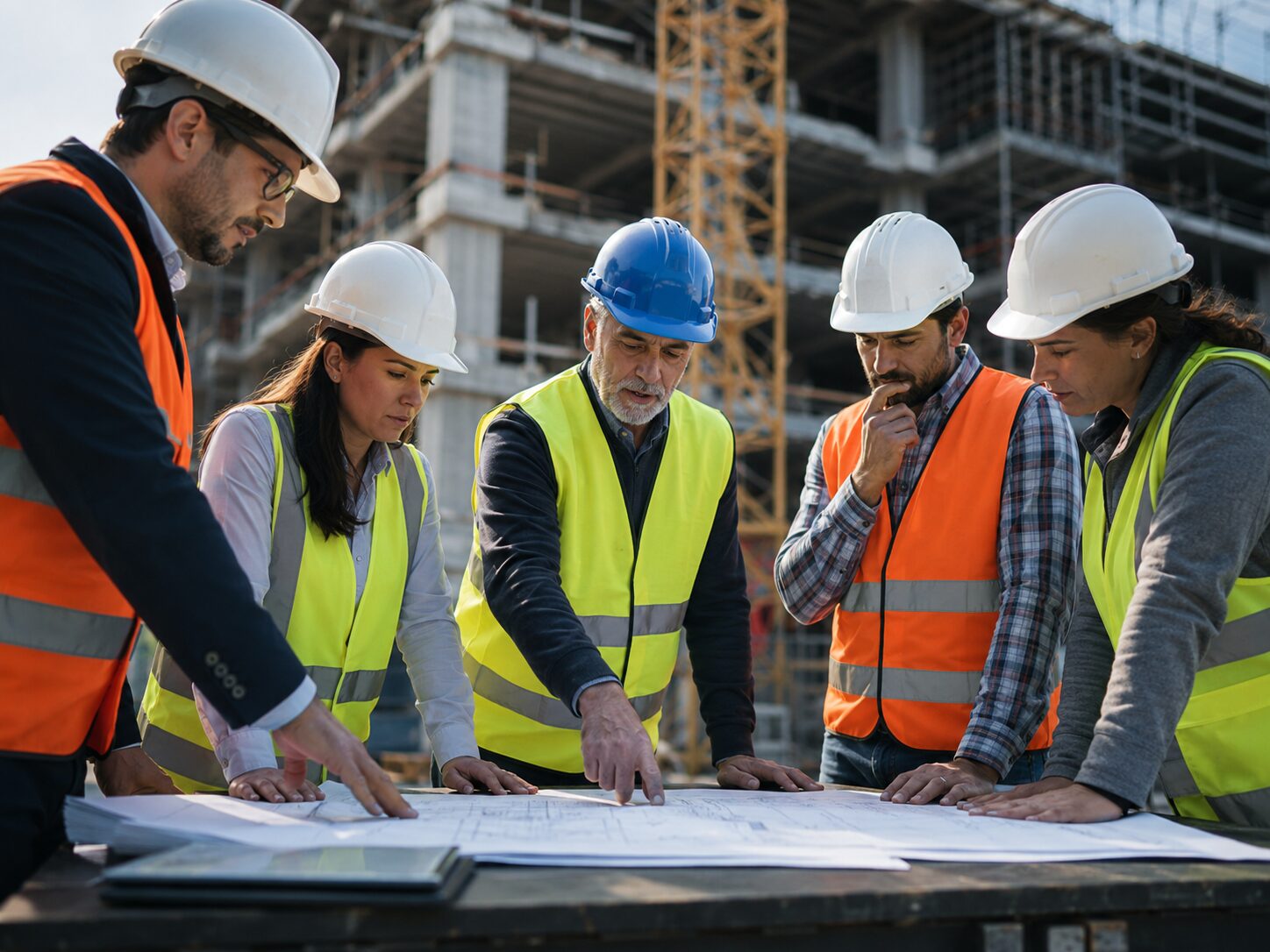 Equipo de obra realizando una sesión de planificación colaborativa