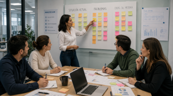 Equipo recibiendo apoyo experto para aplicar Lean